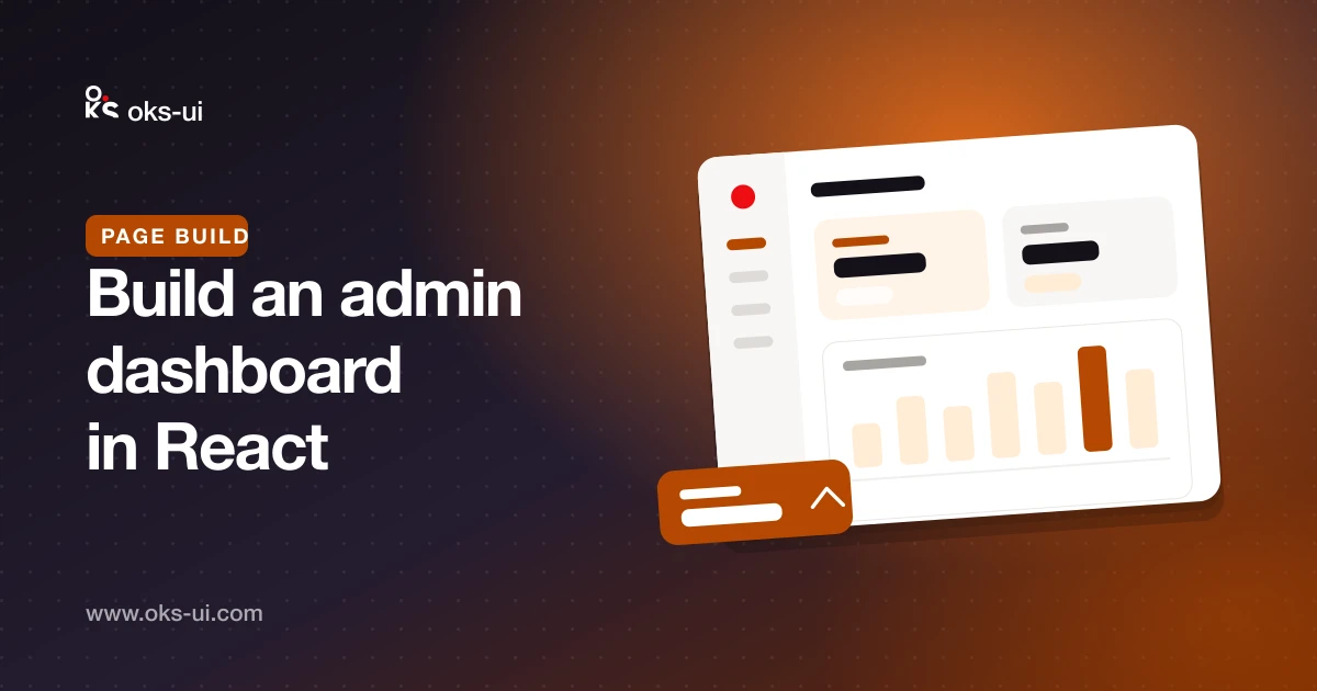 An admin dashboard with a sidebar, two stat cards and a bar chart, with a figure lifting off the corner.