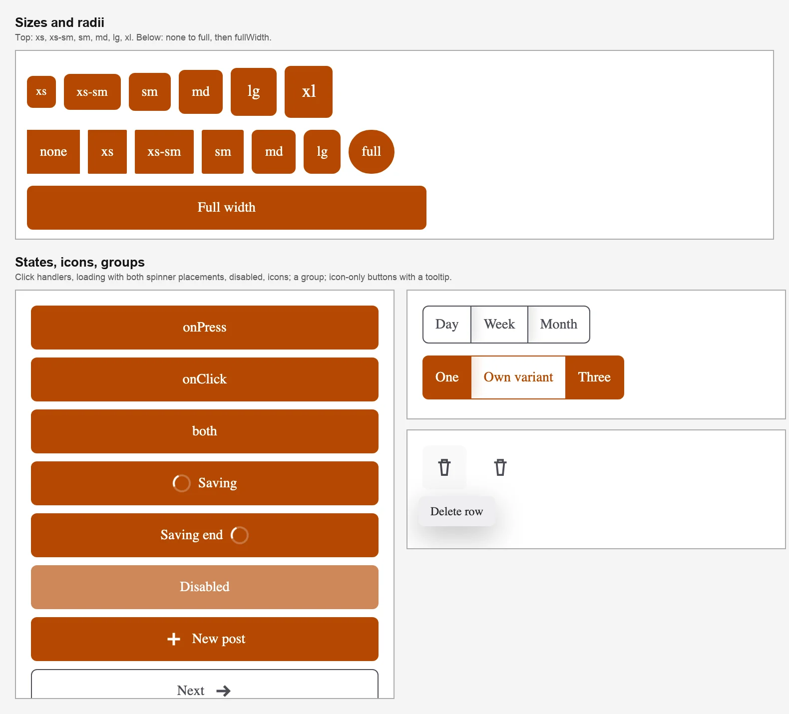 Button sizes and radii, the click, loading, disabled and icon states, a button group, and icon-only buttons with a tooltip.
