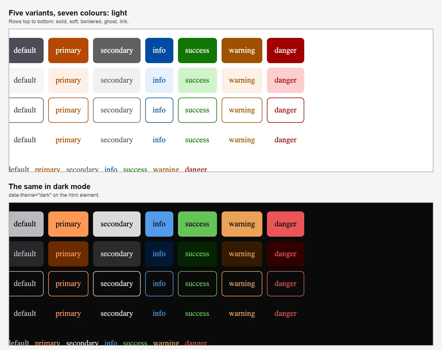 All five variants in all seven colours, in light mode and in dark mode.