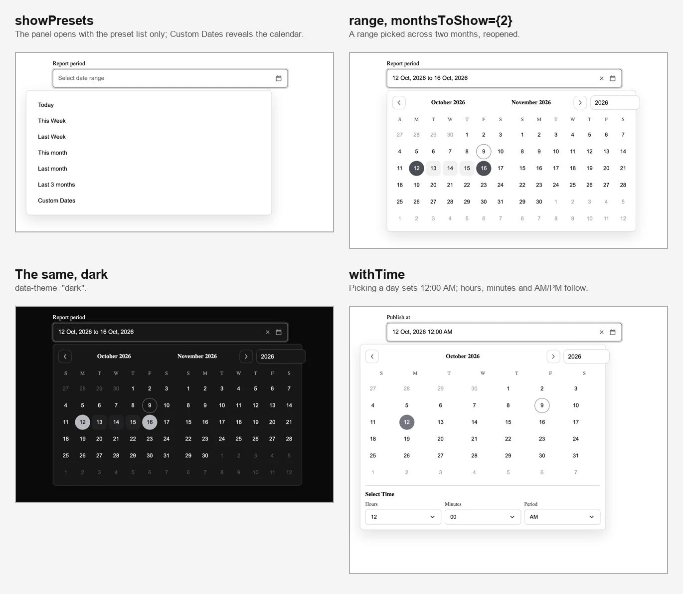 Four states of the date picker: the preset list, a range picked across two months, the same in dark mode, and the time picker.