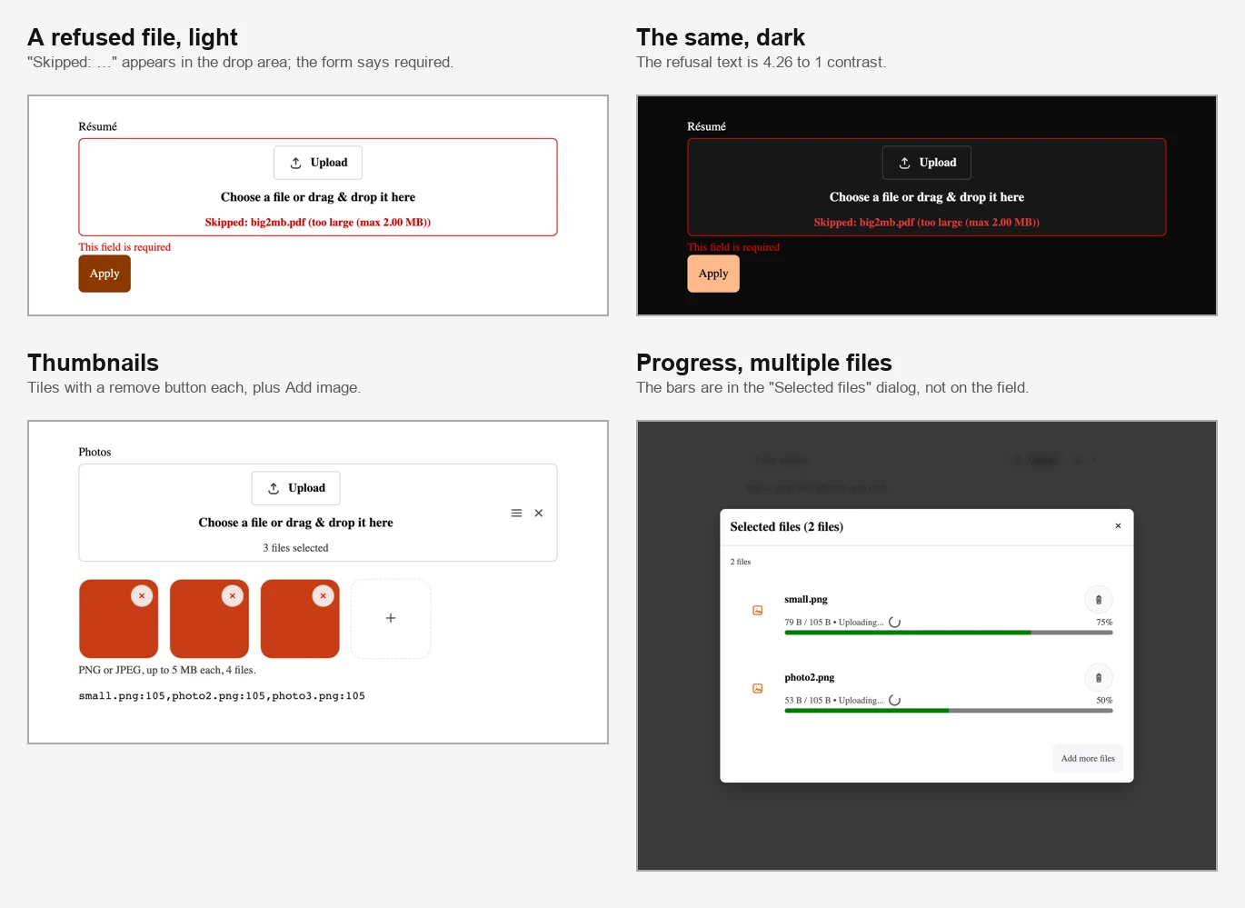Four states of the file field: a refused file in light mode, the same in dark mode, thumbnails with remove buttons, and per-file upload progress.