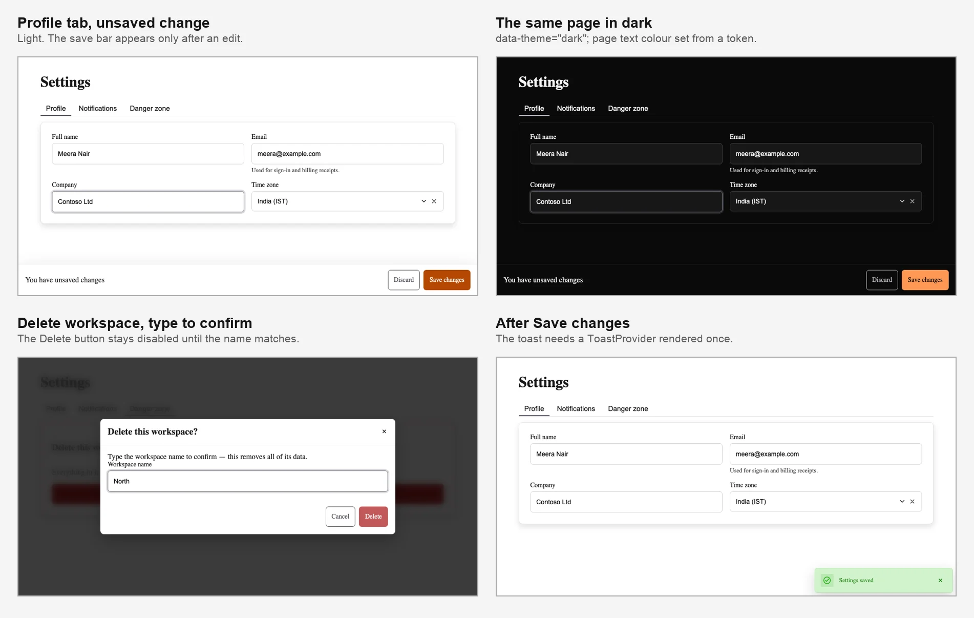 Four states of the settings page: the profile tab with an unsaved change and the save bar, the same page in dark mode, the delete dialog asking for the workspace name, and the toast after saving.
